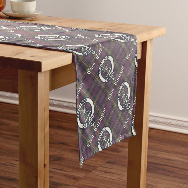 Clan Carnegie Crest Tartan Short Table Runner (In Situ)