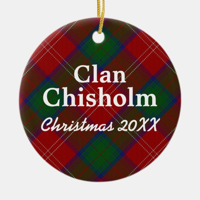 Clan Chisholm Scottish Tartan Ceramic Tree Decoration (Front)