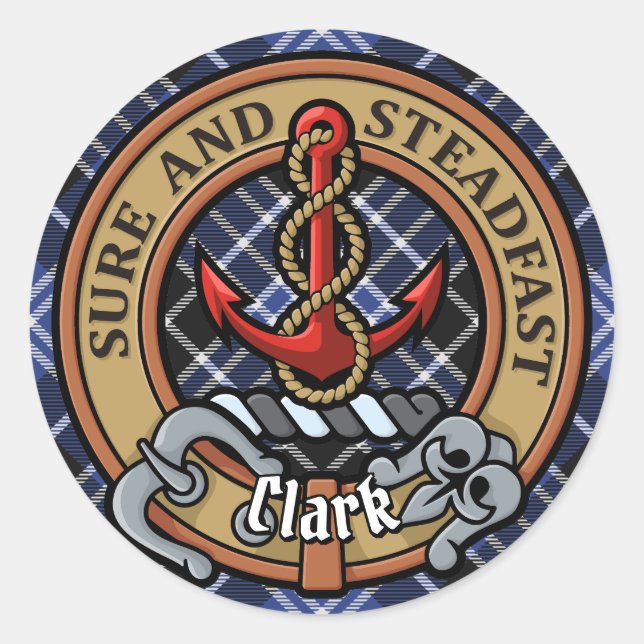 Clan Clark Crest over Tartan Classic Round Sticker (Front)