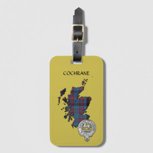 Clan Cochrane Crest & Azure Tartan Map Luggage Tag