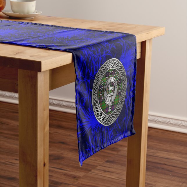 Clan Cochrane Crest & Tartan Knot Short Table Runner (In Situ)