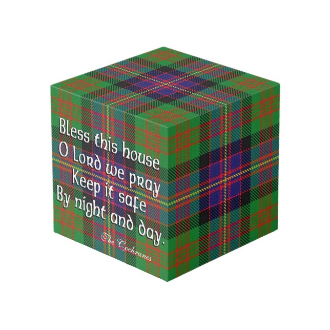 Clan Cochrane Tartan House Blessing Cube (Front Angled)