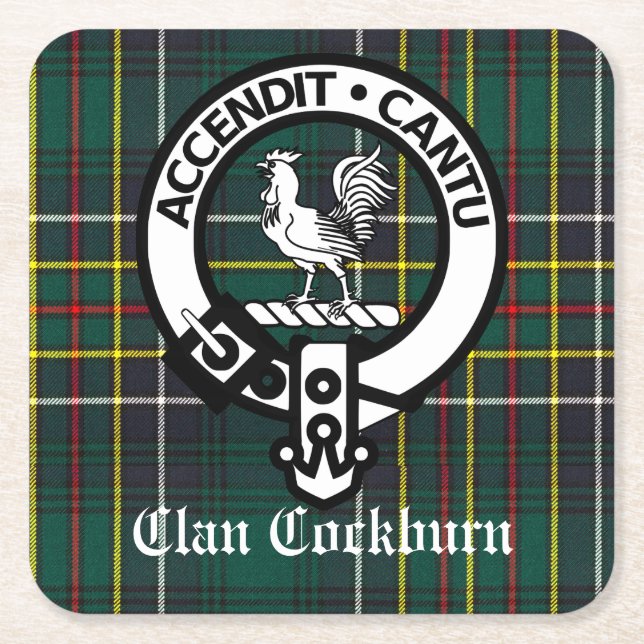 Clan Cockburn Crest Badge and Tartan Square Paper Coaster (Front)