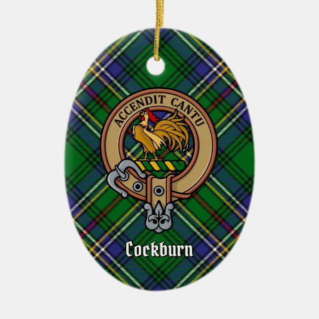 Clan Cockburn Crest over Tartan Ceramic Tree Decoration (Front)