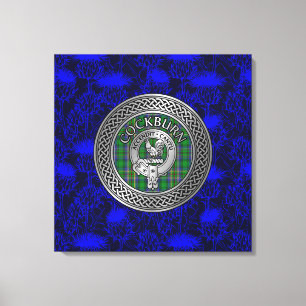 Clan Cockburn Crest & Tartan Knot on Thistle Canvas Print