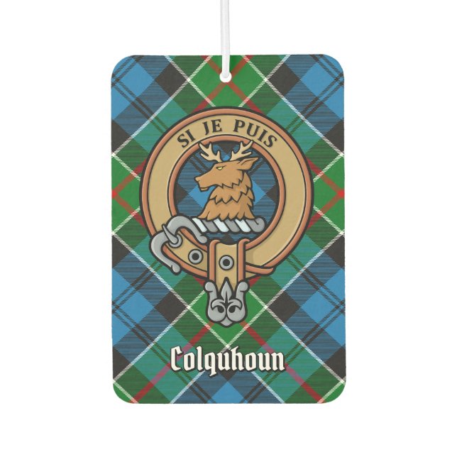 Clan Colquhoun Crest over Tartan Car Air Freshener (Front)