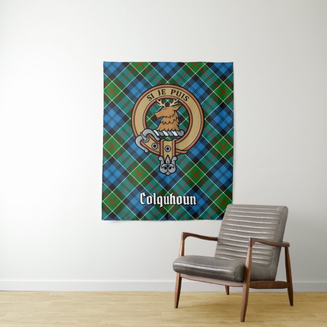 Clan Colquhoun Crest over Tartan Tapestry (In Situ)