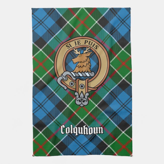 Clan Colquhoun Crest over Tartan Tea Towel (Vertical)