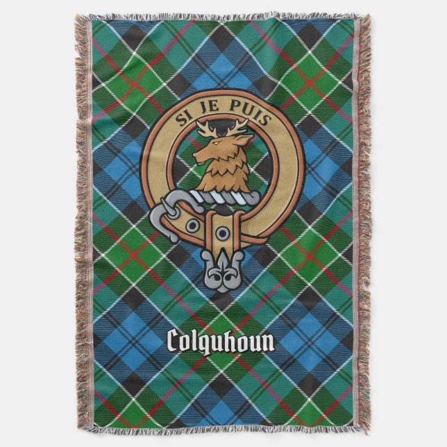Clan Colquhoun Crest over Tartan Throw Blanket (Front Vertical)