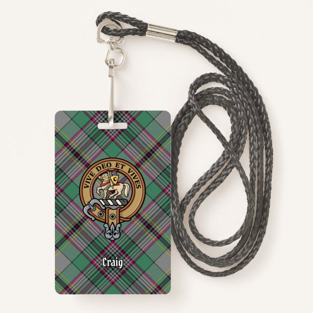 Clan Craig Crest over Tartan ID Badge (Front with Lanyard)