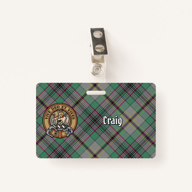 Clan Craig Crest over Tartan ID Badge (Front with Clip)