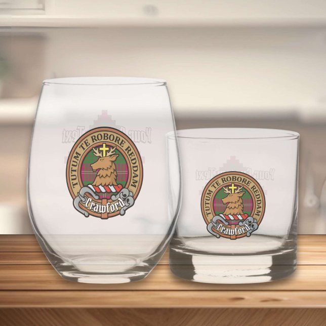 Clan Crawford Crest over Tartan Whiskey Glass (Creator Uploaded)