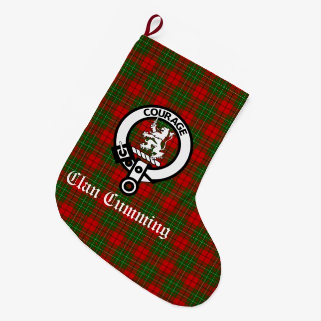 Clan Cumming Crest Badge and Tartan Personalised Large Christmas Stocking (Front (Hanging))