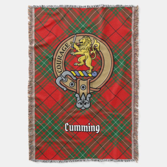 Clan Cumming Crest over Tartan Throw Blanket (Front Vertical)