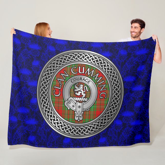 Clan Cumming Crest & Tartan Knot on Thistle Fleece Blanket (In Situ)