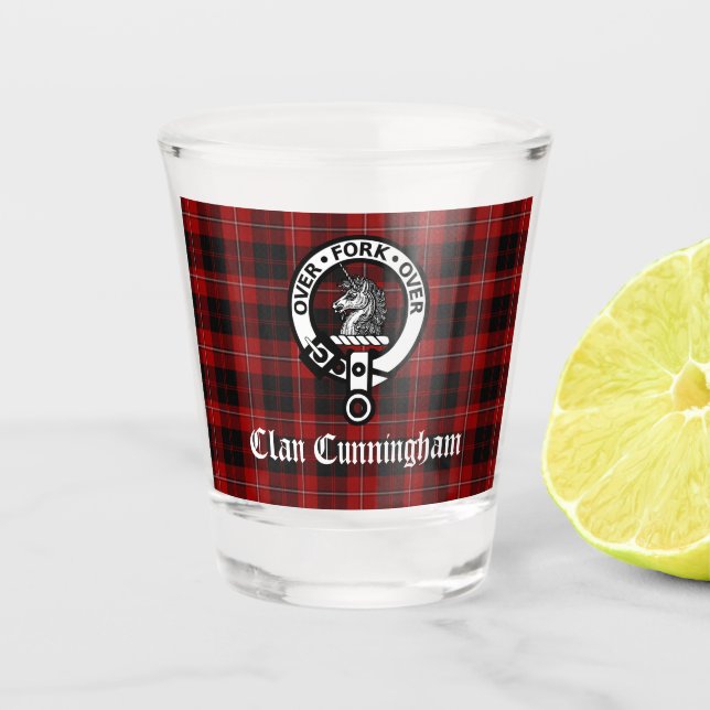 Clan Cunningham Badge & Tartan  Shot Glass (Front)