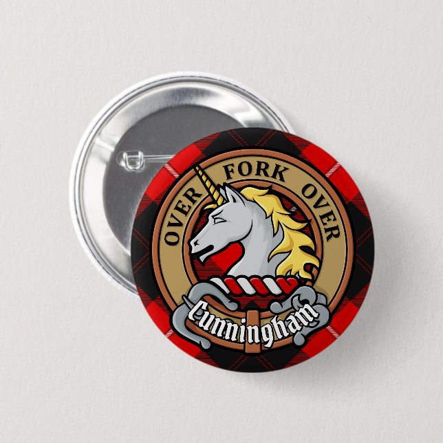 Clan Cunningham Crest over Tartan 6 Cm Round Badge (Front & Back)