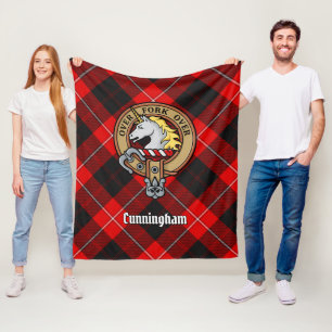 Clan Cunningham Crest over Tartan Fleece Blanket
