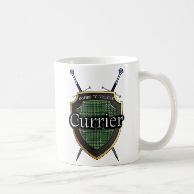 Clan Currie Currier Tartan Shield & Swords Coffee Mug (Right)