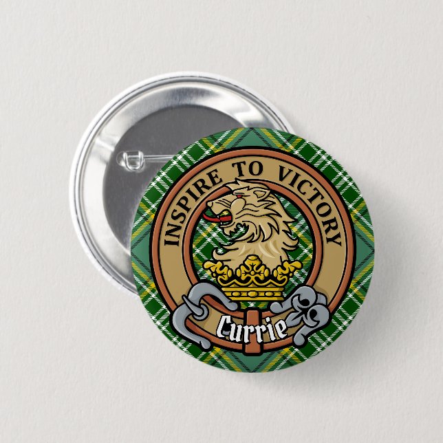 Clan Currie Lion Crest over Tartan 6 Cm Round Badge (Front & Back)
