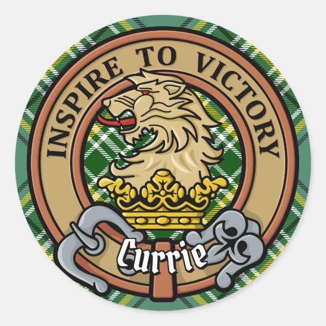 Clan Currie Lion Crest over Tartan Classic Round Sticker (Front)