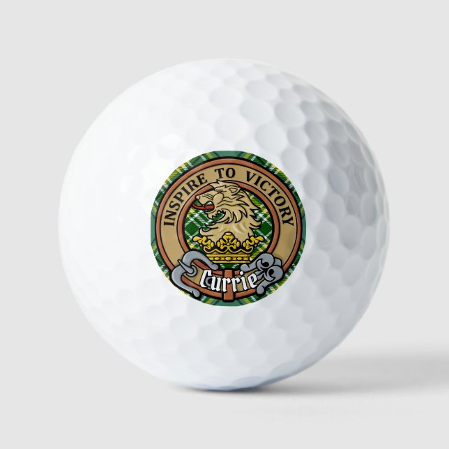 Clan Currie Lion Crest over Tartan Golf Balls (Front)