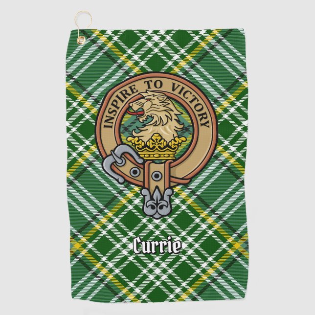 Clan Currie Lion Crest over Tartan Golf Towel (Front)