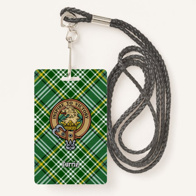 Clan Currie Lion Crest over Tartan ID Badge (Front with Lanyard)