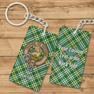 Clan Currie Lion Crest over Tartan Key Ring
