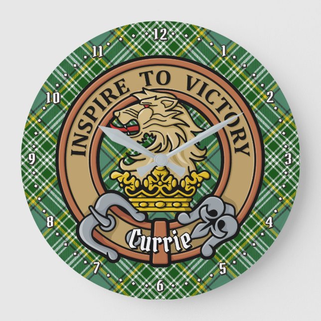 Clan Currie Lion Crest over Tartan Large Clock (Front)