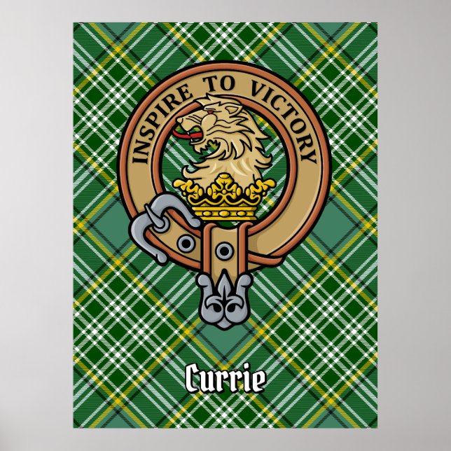 Clan Currie Lion Crest over Tartan Poster (Front)