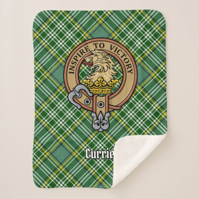 Clan Currie Lion Crest over Tartan Sherpa Blanket (Front)