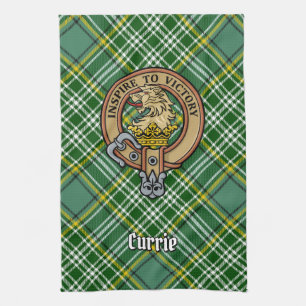 Clan Currie Lion Crest over Tartan Tea Towel