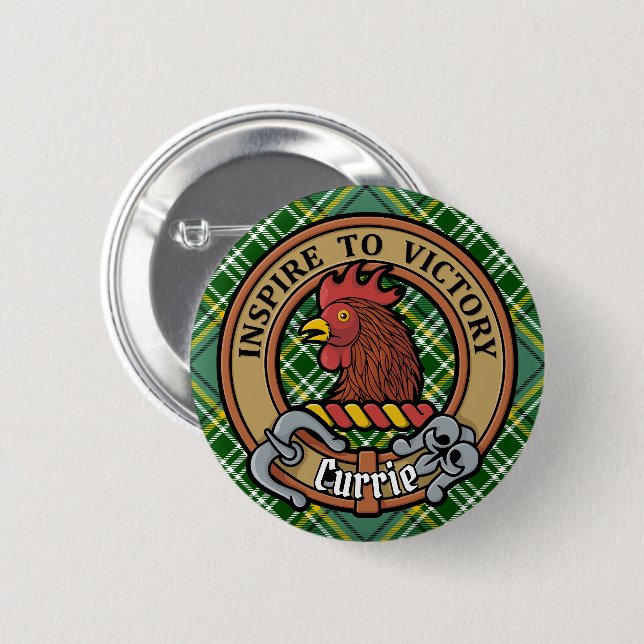 Clan Currie Rooster Crest over Tartan 6 Cm Round Badge (Front & Back)