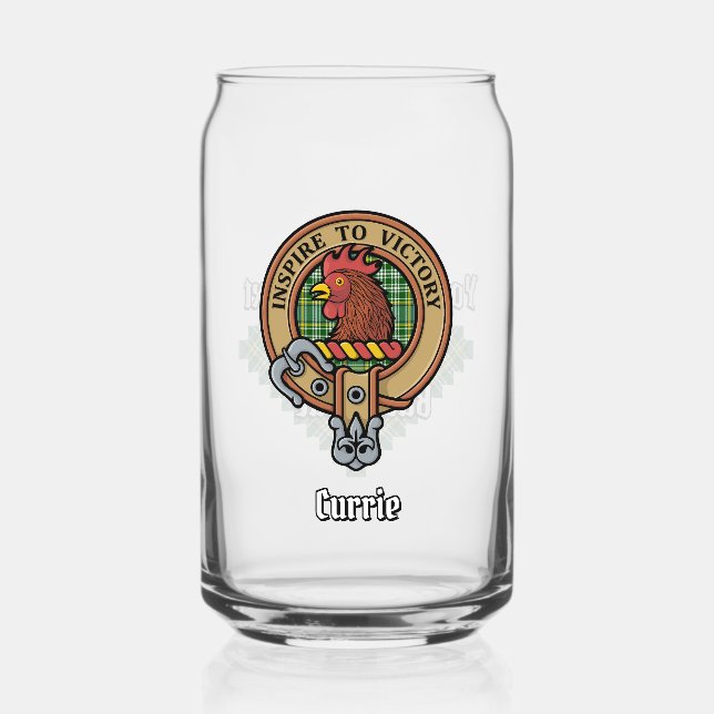 Clan Currie Rooster Crest over Tartan Can Glass (Front)