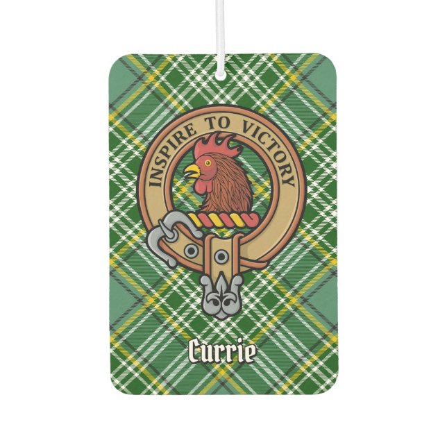 Clan Currie Rooster Crest over Tartan Car Air Freshener (Front)