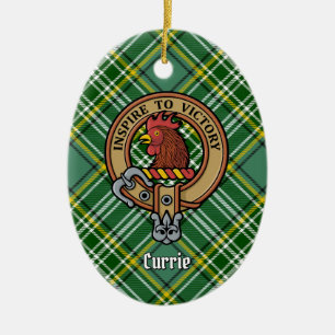Clan Currie Rooster Crest over Tartan Ceramic Tree Decoration