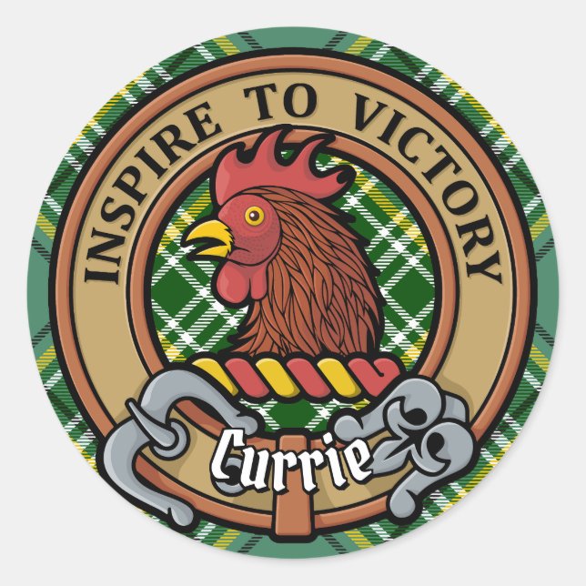 Clan Currie Rooster Crest over Tartan Classic Round Sticker (Front)
