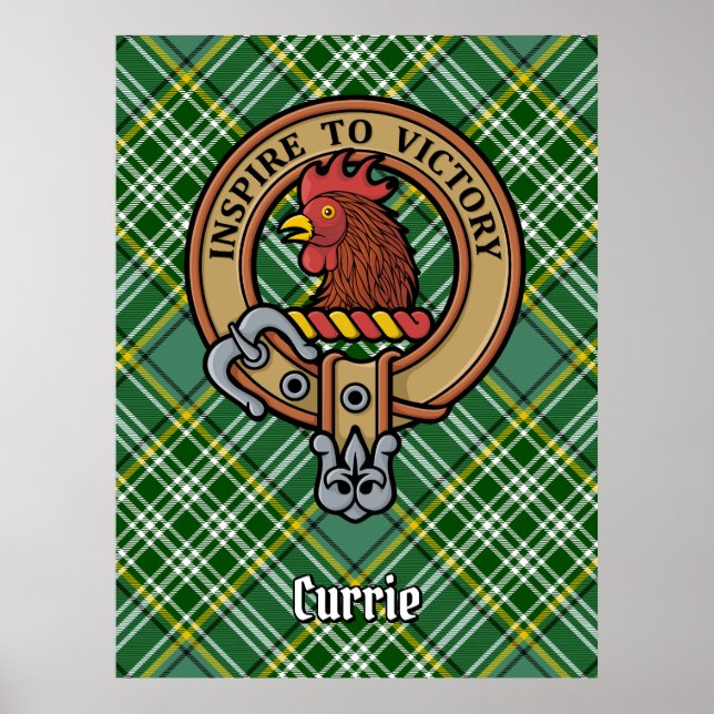 Clan Currie Rooster Crest over Tartan Poster (Front)