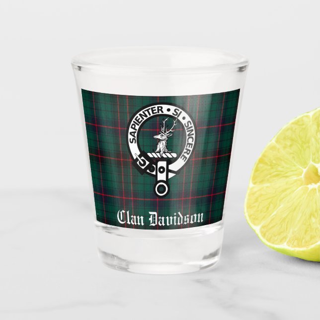 Clan Davidson Crest Badge and Tartan Customisable  Shot Glass (Front)