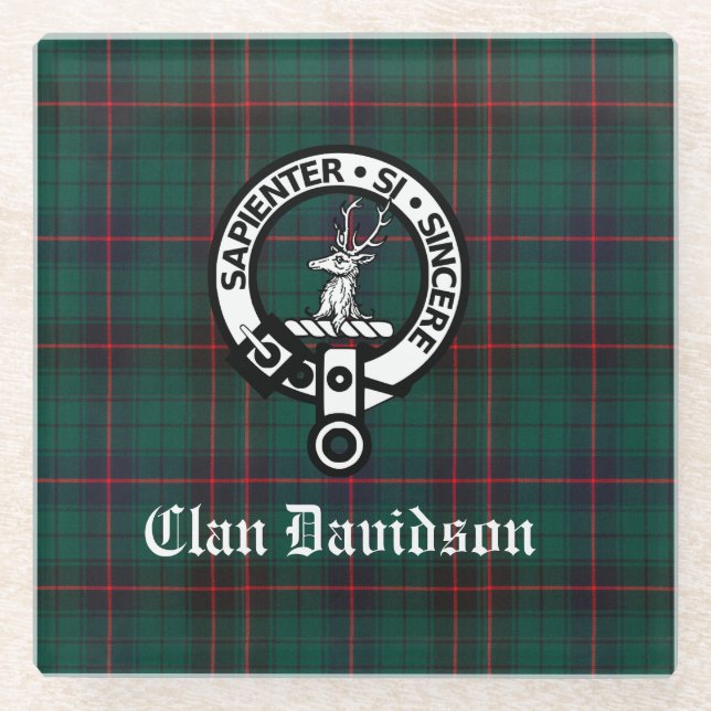 Clan Davidson Crest Badge and Tartan Glass Coaster (Front)