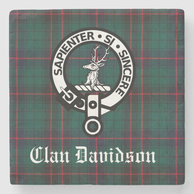 Clan Davidson Crest Badge and Tartan Stone Coaster (Front)