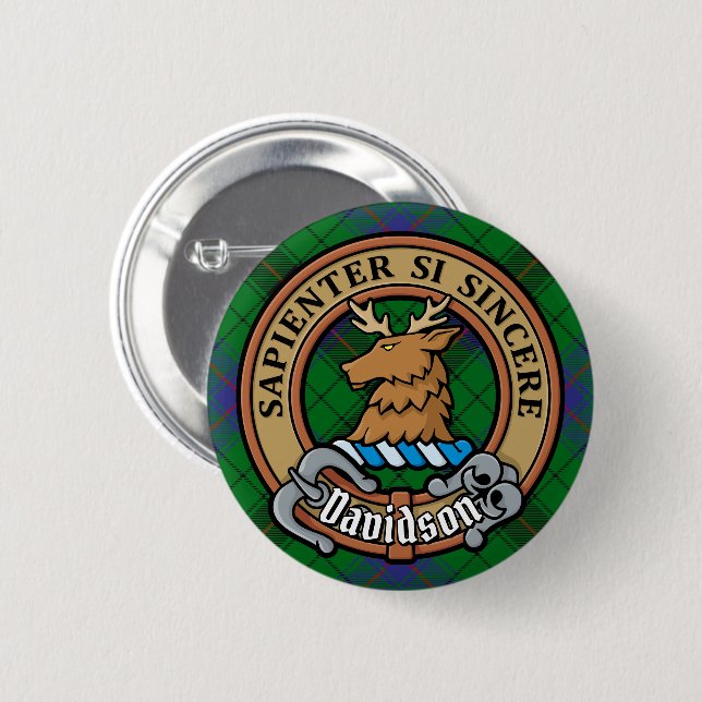 Clan Davidson Crest over Tartan 6 Cm Round Badge (Front & Back)