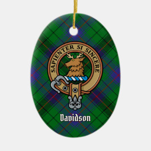 Clan Davidson Crest over Tartan Ceramic Tree Decoration