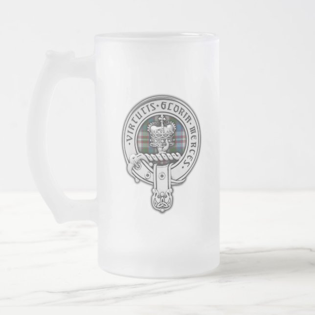 Clan Donnachaidh (Robertson) Crest & Dress Tartan Frosted Glass Beer Mug (Left)