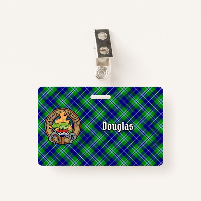 Clan Douglas Crest over Tartan ID Badge (Front with Clip)
