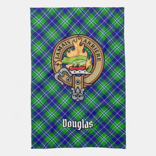 Clan Douglas Crest over Tartan Tea Towel (Vertical)