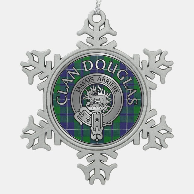 Clan Douglas Crest & Tartan Snowflake Pewter Christmas Ornament (Front)