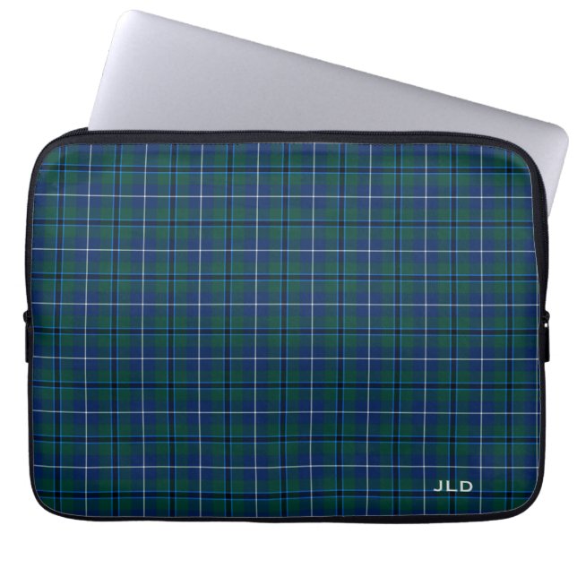 Clan Douglas Tartan Blue and Green Plaid Monogram Laptop Sleeve (Front)