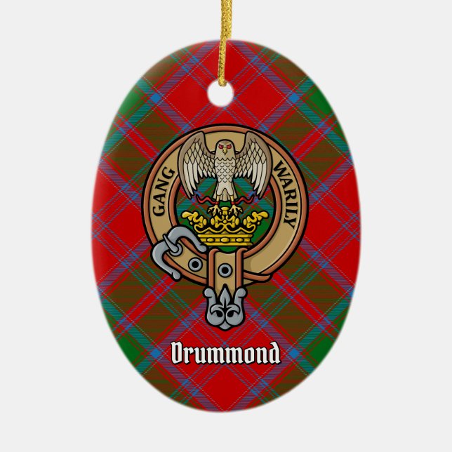 Clan Drummond Crest over Tartan Ceramic Tree Decoration (Front)